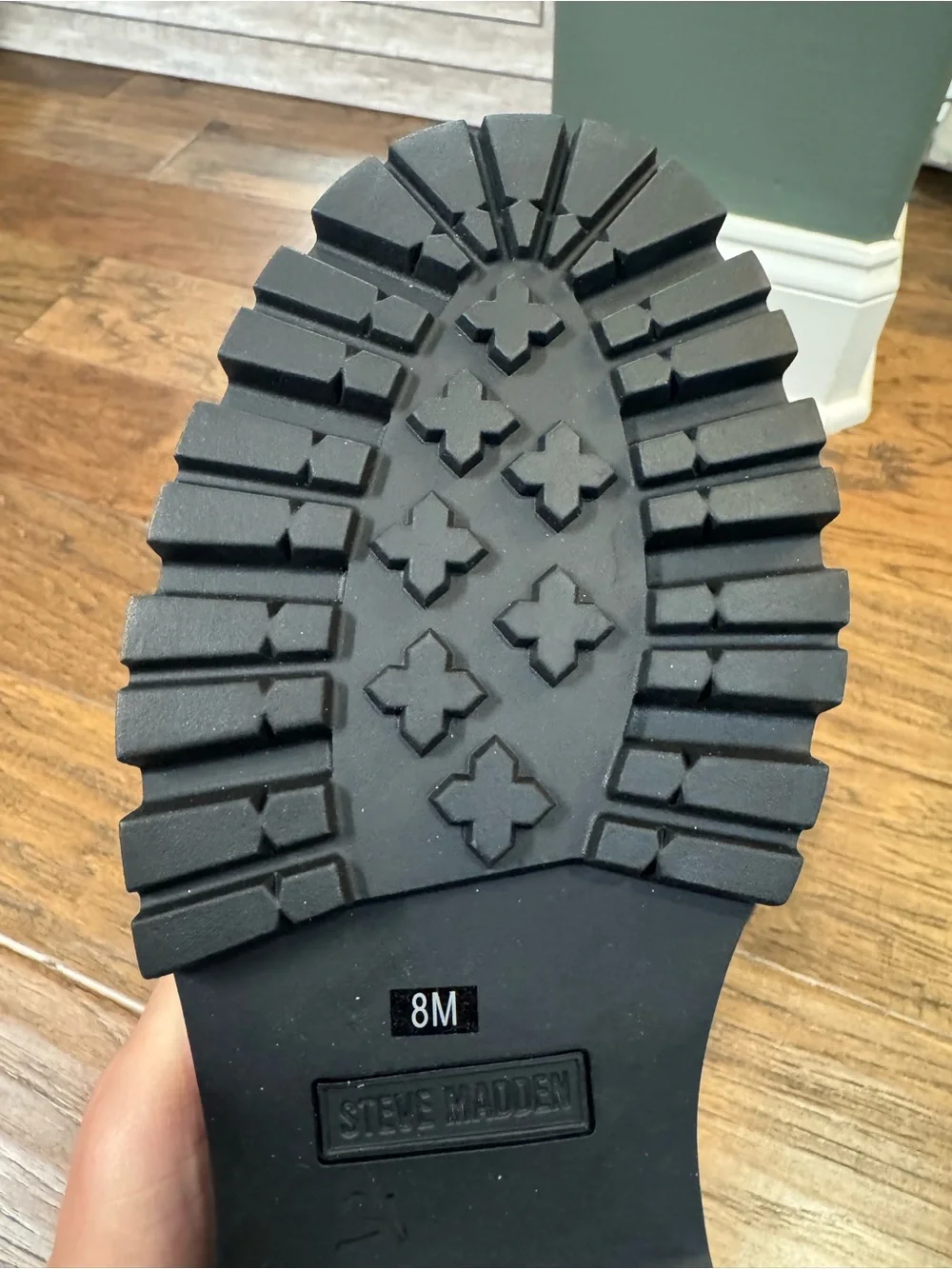 Steve Madden Black Leather Lug-Sole Loafers with Gold Chain